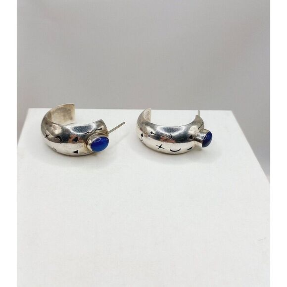 Vintage Sterling Silver Lapis Statement Earrings w Symbols Tribal Southwestern - Picture 8 of 13